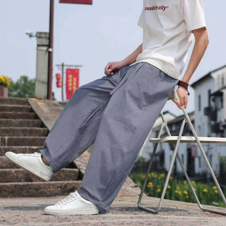 Buddha Stones Summer Casual Minimalist Drawstring Solid Cotton Long Pants Men's Harem Pants With Pocket - image 8