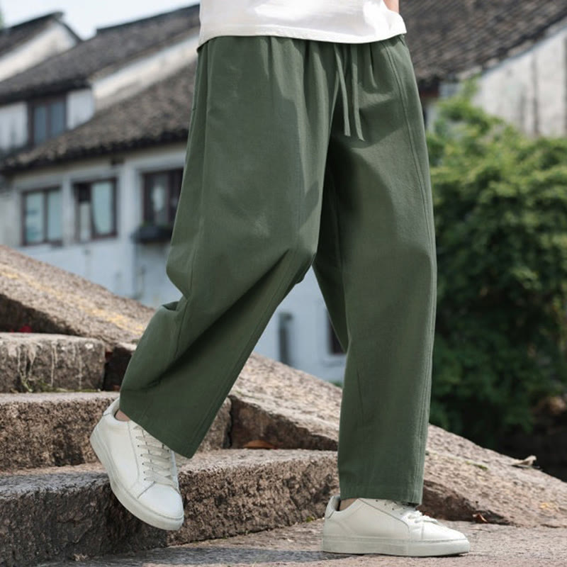 Buddha Stones Summer Casual Minimalist Drawstring Solid Cotton Long Pants Men's Harem Pants With Pocket - image 29