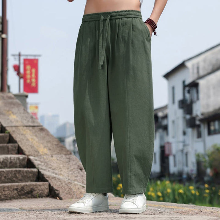 Buddha Stones Summer Casual Minimalist Drawstring Solid Cotton Long Pants Men's Harem Pants With Pocket - image 26