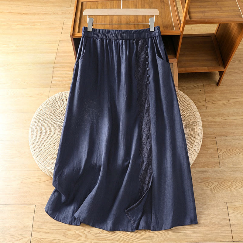 Buddha Stones Summer Casual Vintage Side Slit Solid Flowers Women's Skirts With Pocket - MidnightBlue - US8-10, UK/AU12-14, EU40-42 (2XL) - image 8