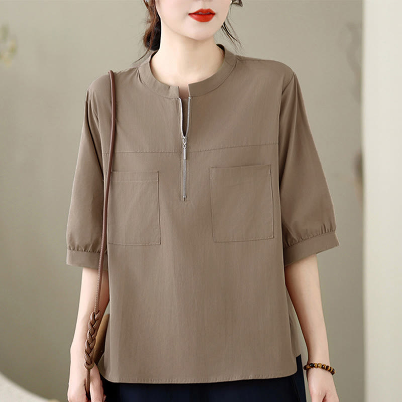 Buddha Stones Summer Minimalist Casual Quarter Zip Design Solid Women's Short Sleeve Shirts With Patch Pocket - Tan - US12, UK/AU16, EU44 (2XL) - image 0