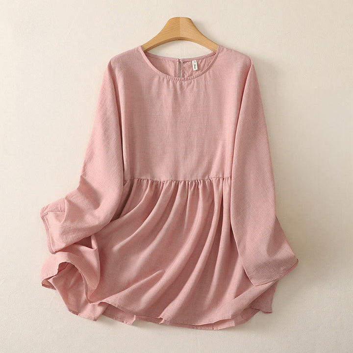 Buddha Stones Summer Casual Minimalist Solid Crew Neck Women's Long Sleeve Shirts - LightPink - US12, UK/AU16, EU44 (2XL) - image 0
