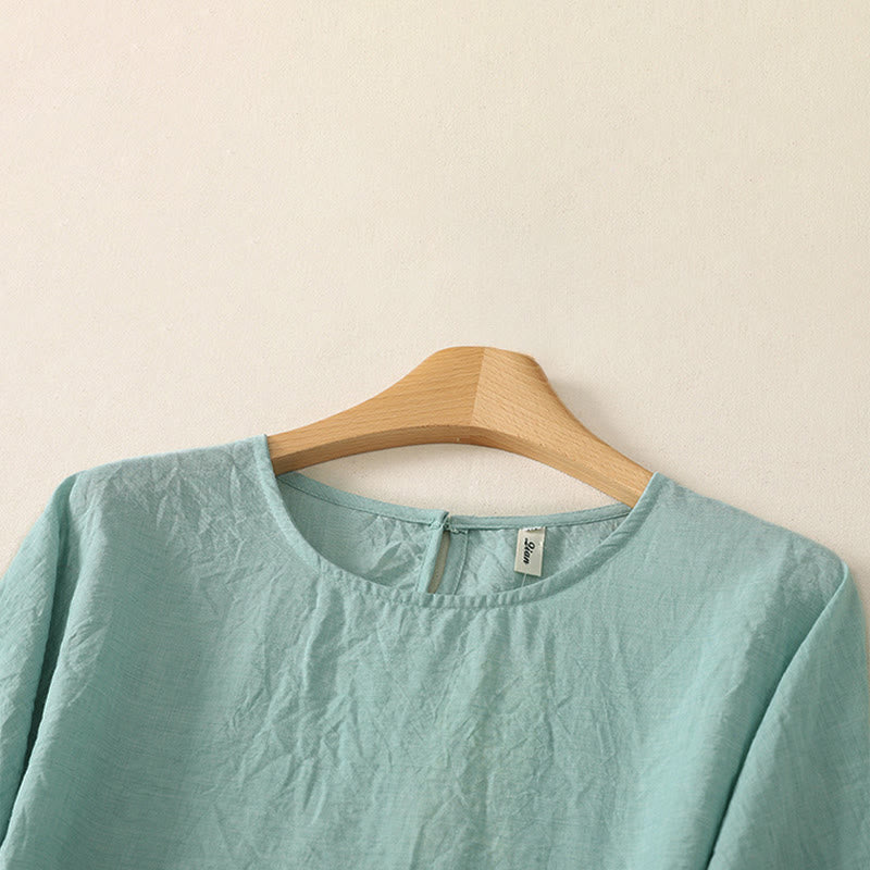 Buddha Stones Summer Casual Minimalist Solid Crew Neck Women's Long Sleeve Shirts - image 5