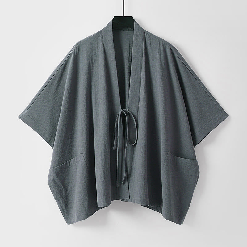 Buddha Stones Summer Minimalist Drawstring Lace-up Solid Short Sleeve Men's Kimono With Pockets - DimGray - US/UK/AU40, EU50 (L) - image 0