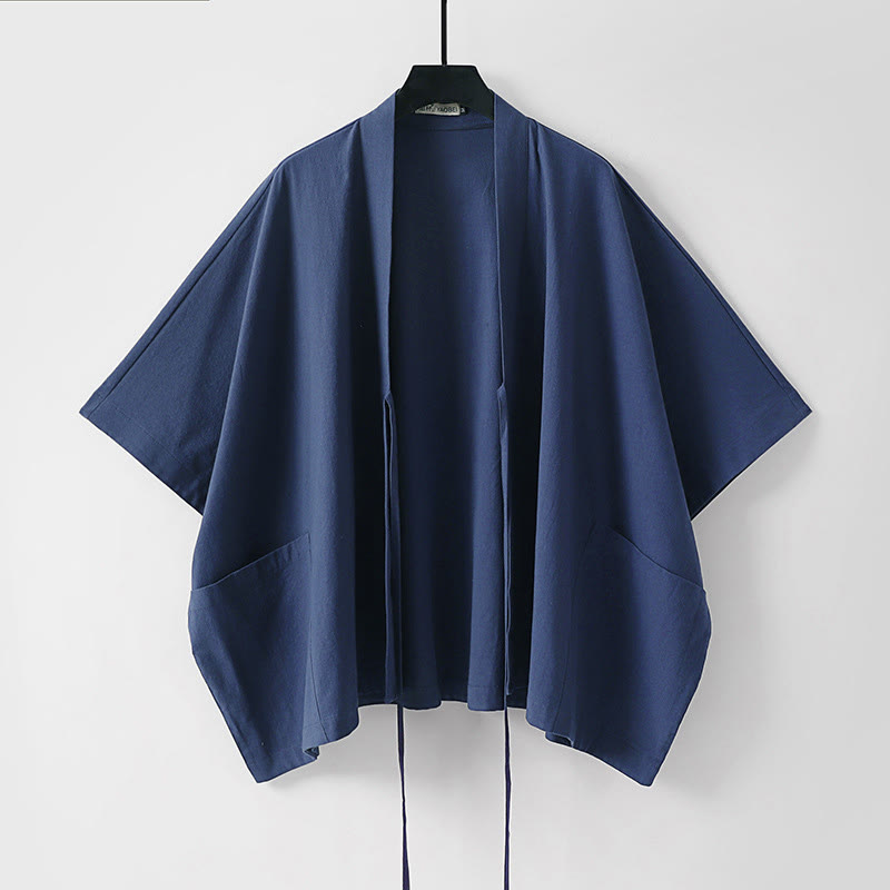 Buddha Stones Summer Minimalist Drawstring Lace-up Solid Short Sleeve Men's Kimono With Pockets - image 6