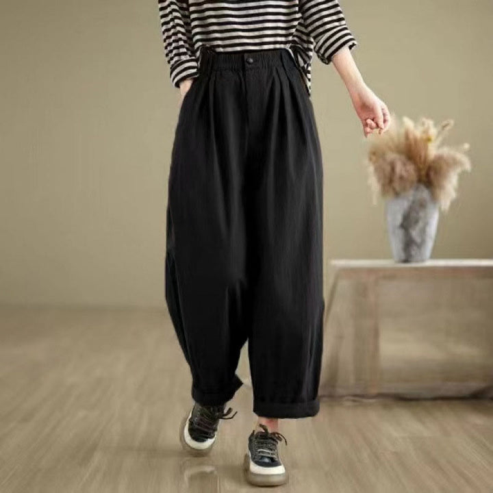 Buddha Stones Casual Solid Color One Top Button Elastic Waistband Women's Pants With Pockets - image 12