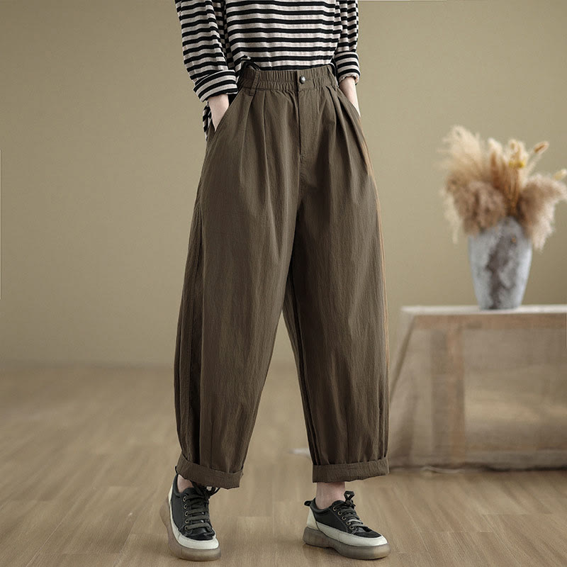 Buddha Stones Casual Solid Color One Top Button Elastic Waistband Women's Pants With Pockets - SaddleBrown - US8-10，UK/AU12-14，EU40-42 (2XL) - image 0