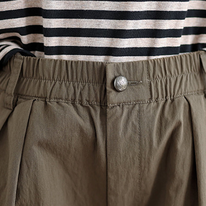 Buddha Stones Casual Solid Color One Top Button Elastic Waistband Women's Pants With Pockets - image 6