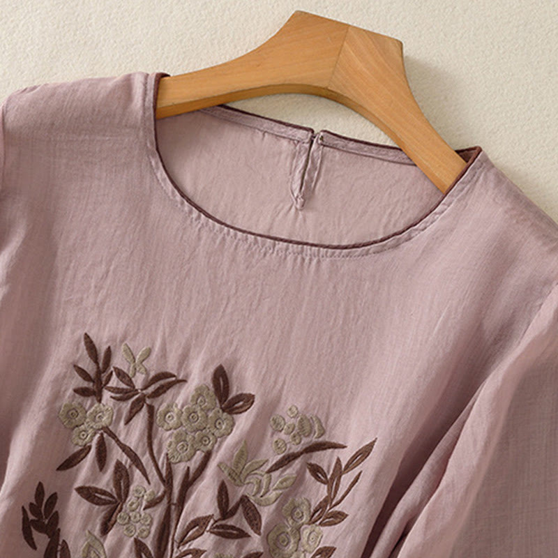 Buddha Stones Retro Embroidery Floral Three Quarter Sleeve Women's Cotton T-Shirt - image 25