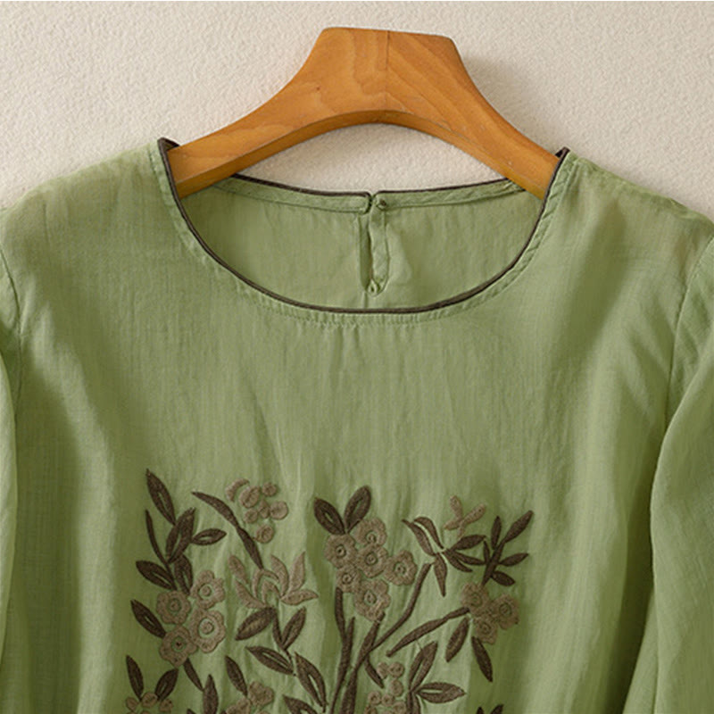 Buddha Stones Retro Embroidery Floral Three Quarter Sleeve Women's Cotton T-Shirt - image 18