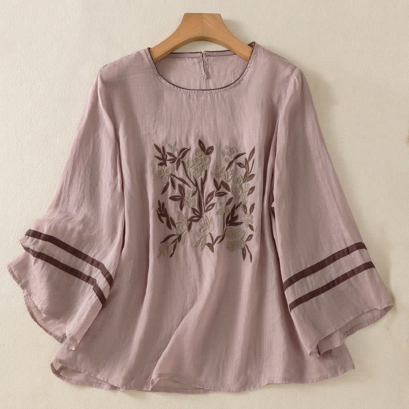 Buddha Stones Retro Embroidery Floral Three Quarter Sleeve Women's Cotton T-Shirt - Plum - US14，UK/AU18，EU46 (2XL) - image 23
