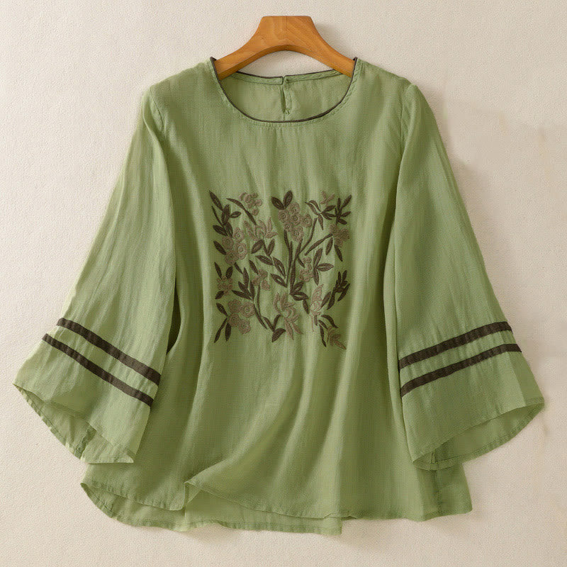 Buddha Stones Retro Embroidery Floral Three Quarter Sleeve Women's T-Shirt - LightGreen - US14，UK/AU18，EU46 (2XL) - image 16