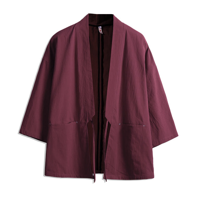 Buddha Stones Solid Color Lace-up Three Quarter Sleeve Open Front Jacket Men's Kimono - IndianRed - US/UK/AU48，EU58(5XL) - image 6