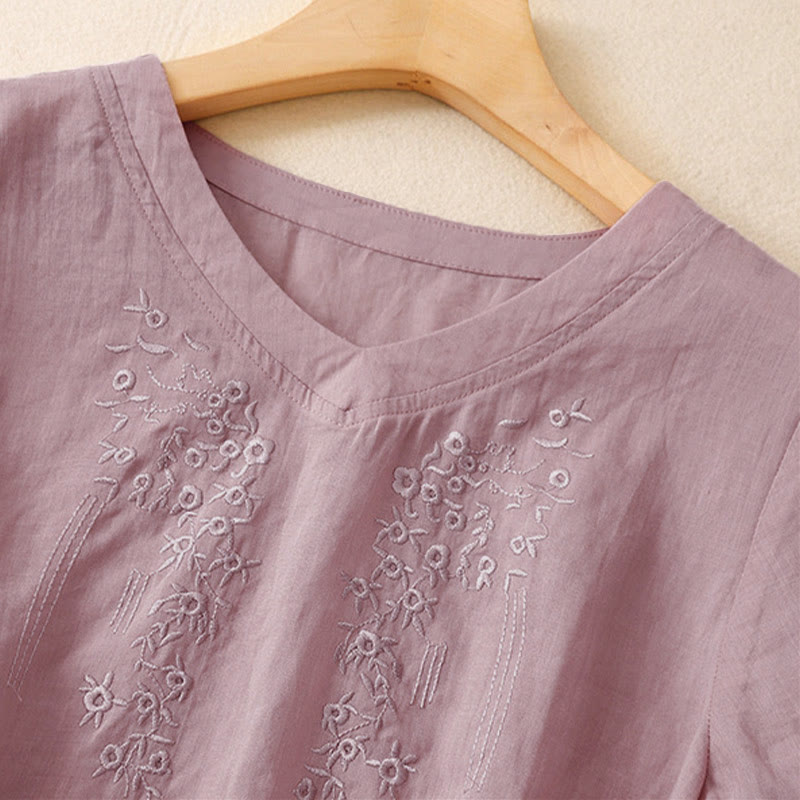 Buddha Stones Casual Women's Embroidered Flower V-neck Design Loose Half Sleeve Shirt - image 7