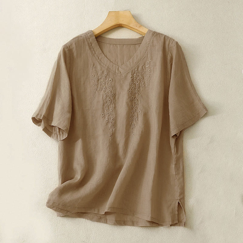 Buddha Stones Casual Women's Embroidered Flower V-neck Design Loose Half Sleeve Shirt - Tan - US8-10，UK/AU12-14，EU40-42 (2XL) - image 12