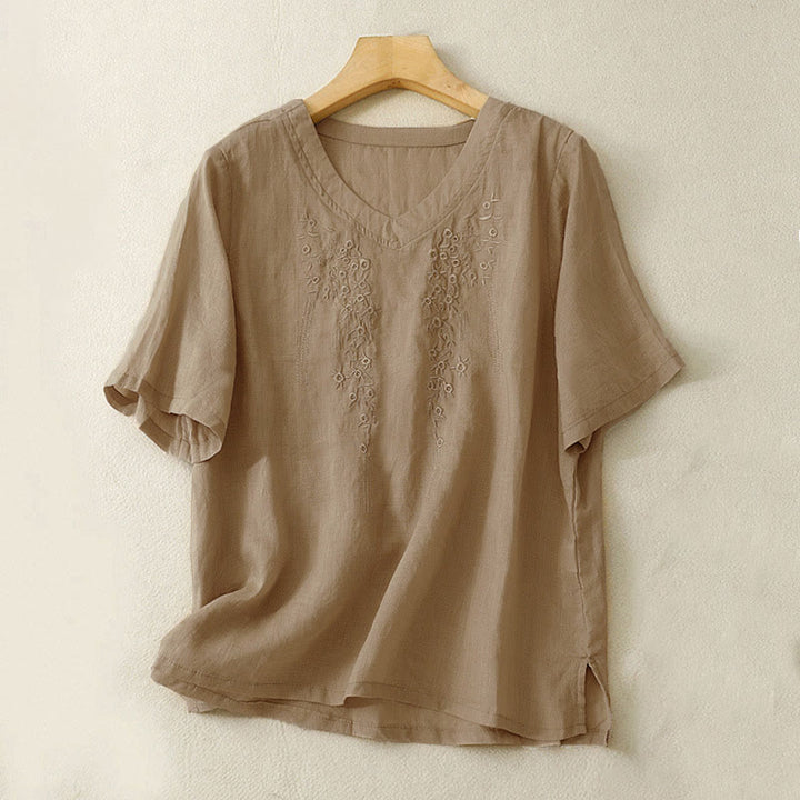 Buddha Stones Casual Women's Embroidered Flower V-neck Design Loose Half Sleeve Shirt - Tan - US8-10，UK/AU12-14，EU40-42 (2XL) - image 12