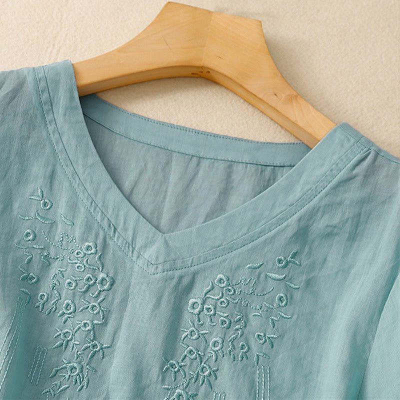 Buddha Stones Casual Women's Embroidered Flower V-neck Design Loose Half Sleeve Shirt - image 22