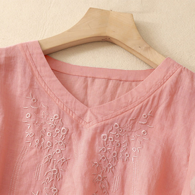 Buddha Stones Casual Women's Embroidered Flower V-neck Design Loose Half Sleeve Shirt - image 1