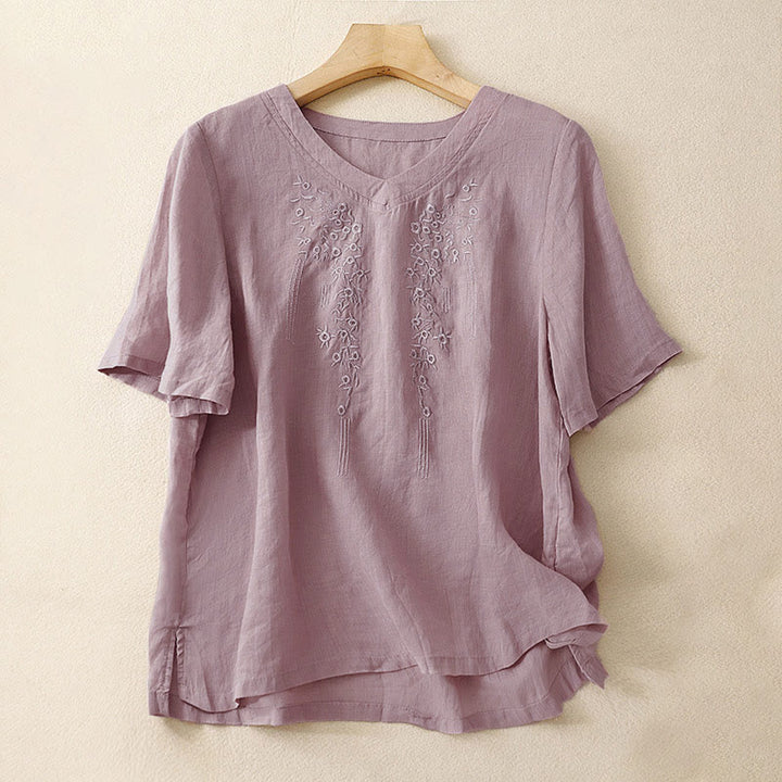 Buddha Stones Casual Women's Embroidered Flower V-neck Design Loose Half Sleeve Shirt - Thistle - US8-10，UK/AU12-14，EU40-42 (2XL) - image 6