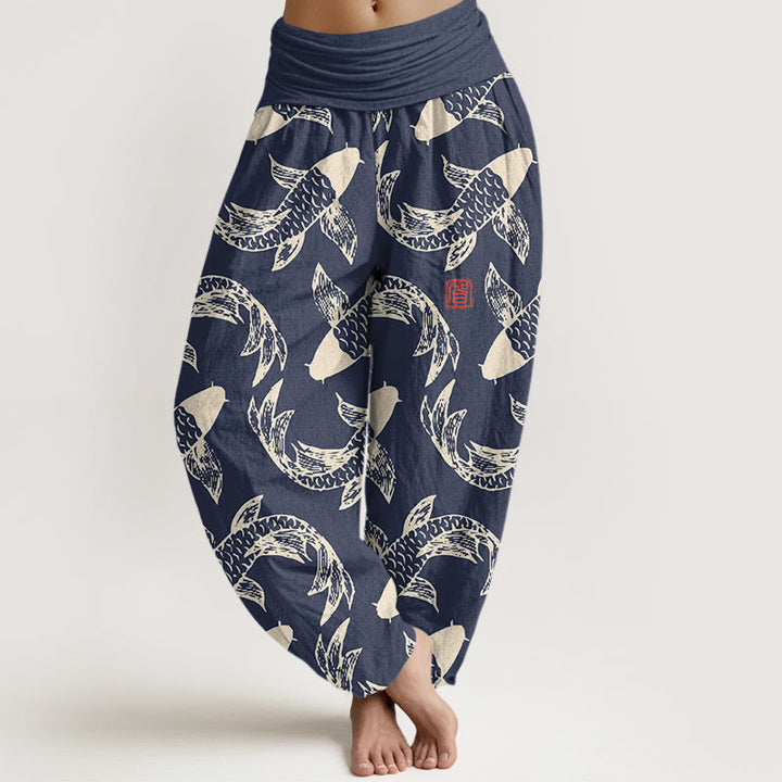 Buddha Stones Pure Cotton Swimming Koi Fish Women's Elastic Waist Harem Pants - SteelBlue - US16，UK/AU20，EU48 (3XL) - image 0