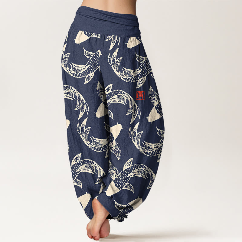 Buddha Stones Pure Cotton Swimming Koi Fish Women's Elastic Waist Harem Pants - image 1