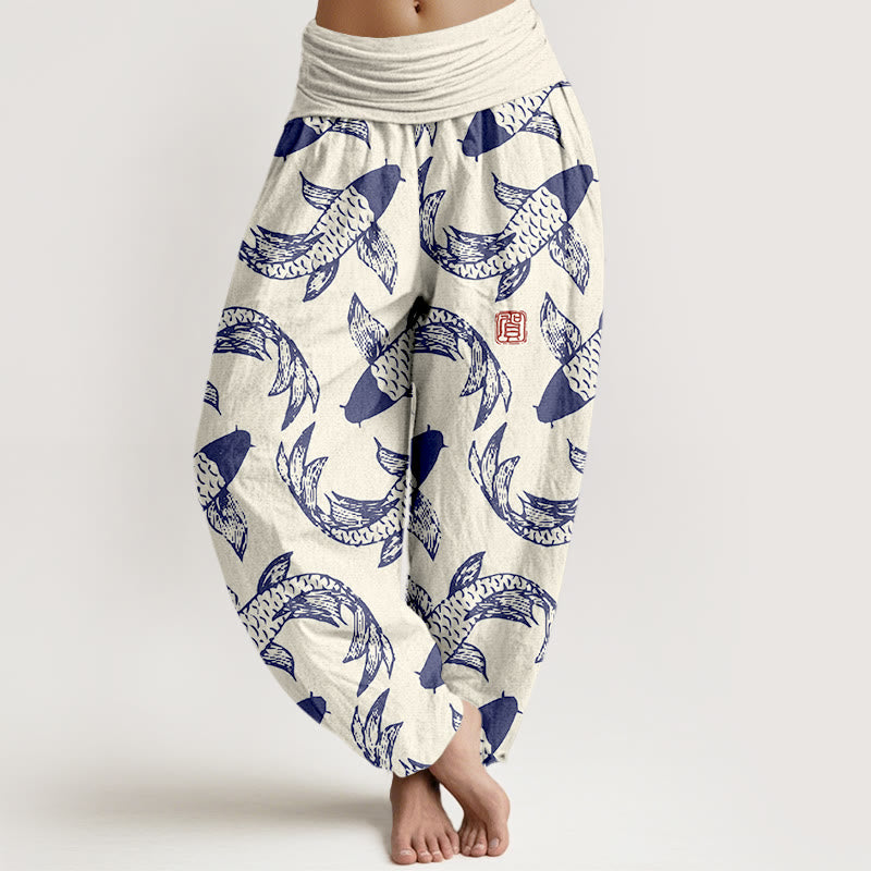 Buddha Stones Pure Cotton Swimming Koi Fish Women's Elastic Waist Harem Pants - Linen - US16，UK/AU20，EU48 (3XL) - image 5