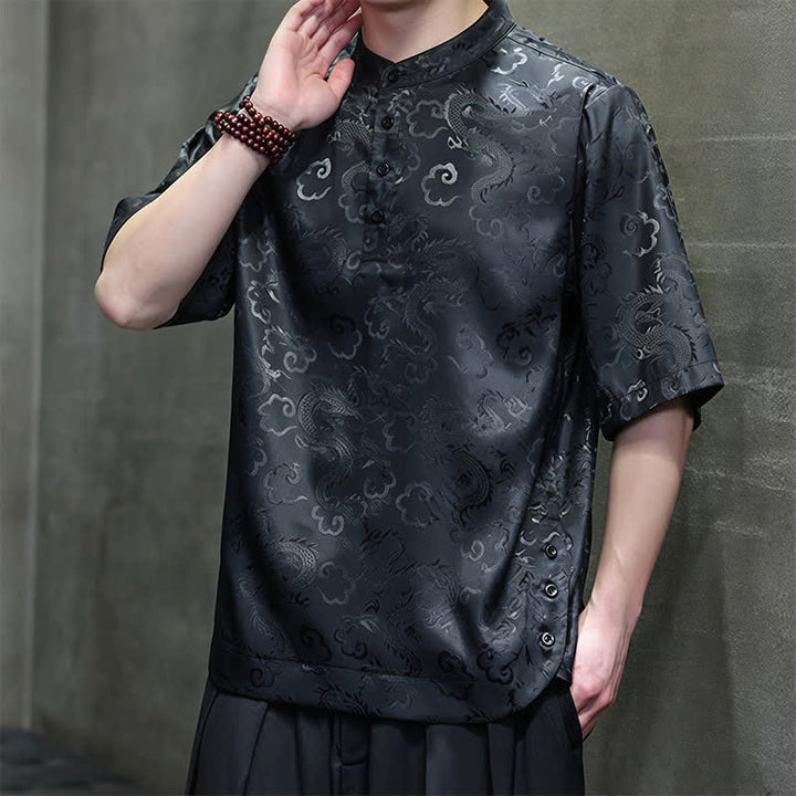 Buddha Stones Summer Vintage Tang Style Mandarin Collar Dragon Clouds Pattern Men's Short Sleeve Shirts - image 7