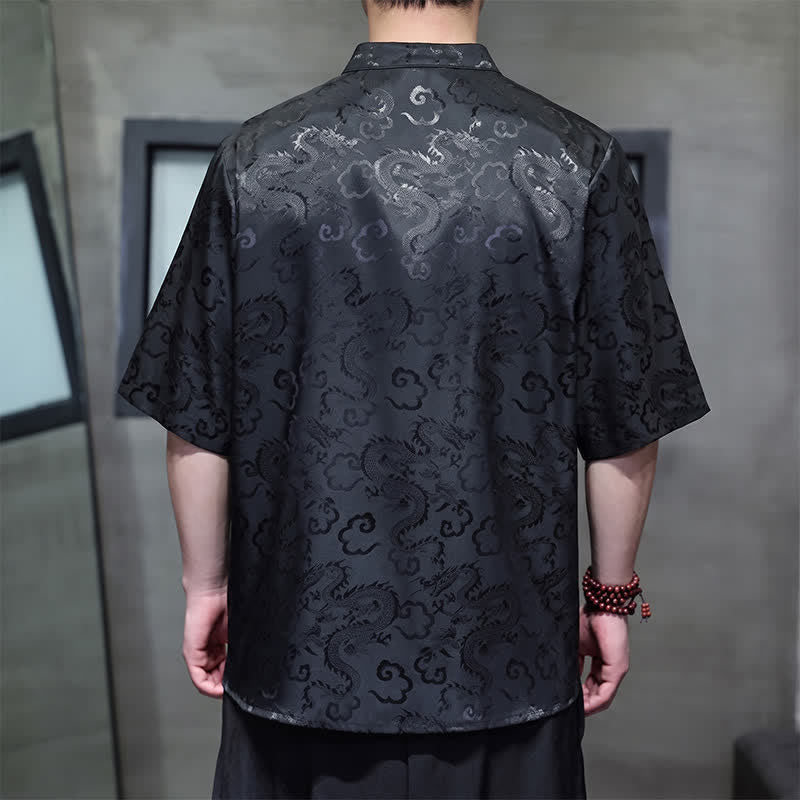 Buddha Stones Summer Vintage Tang Style Mandarin Collar Dragon Clouds Pattern Men's Short Sleeve Shirts - image 4