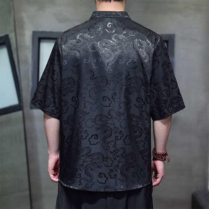 Buddha Stones Summer Vintage Tang Style Mandarin Collar Dragon Clouds Pattern Men's Short Sleeve Shirts - image 4