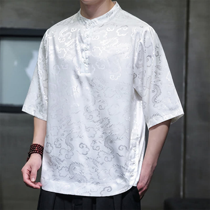Buddha Stones Summer Vintage Tang Style Mandarin Collar Dragon Clouds Pattern Men's Short Sleeve Shirts - image 16