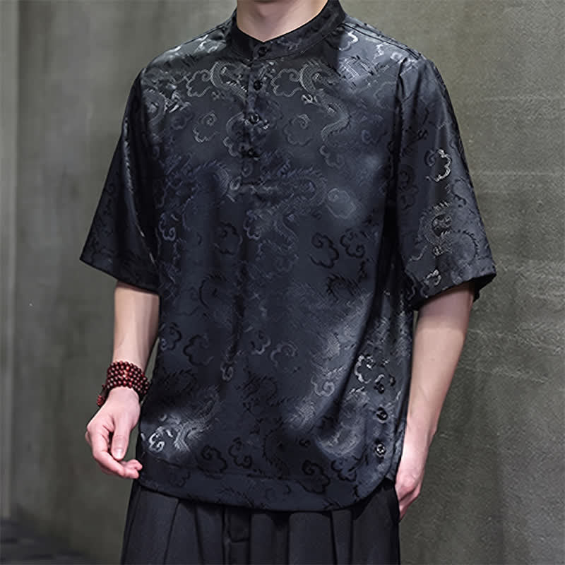 Buddha Stones Summer Vintage Tang Style Mandarin Collar Dragon Clouds Pattern Men's Short Sleeve Shirts - image 5