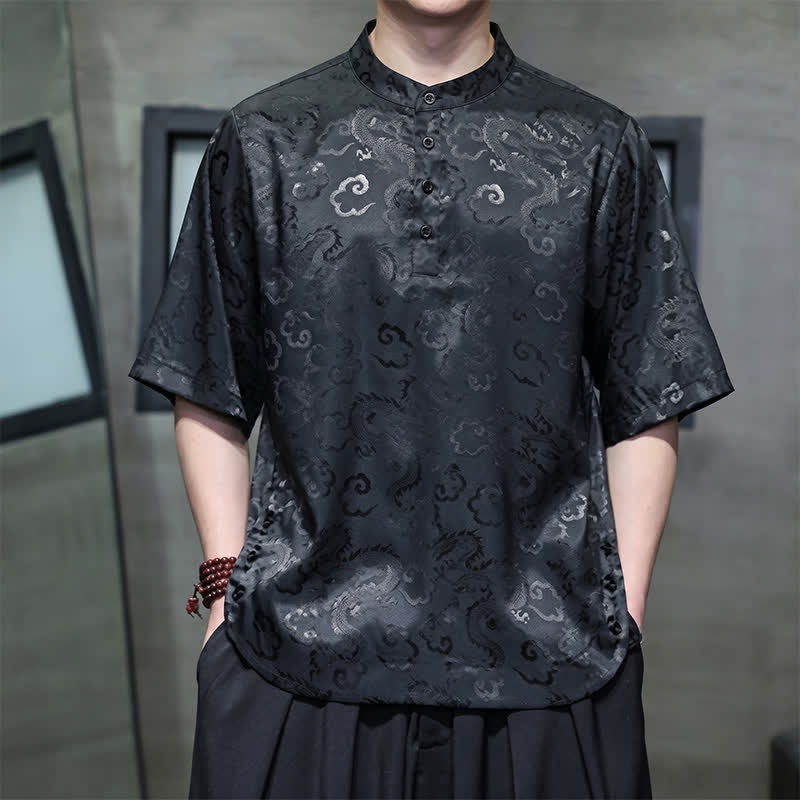 Buddha Stones Summer Vintage Tang Style Mandarin Collar Dragon Clouds Pattern Men's Short Sleeve Shirts - Black - US/UK/AU46, EU56 (5XL) - image 0