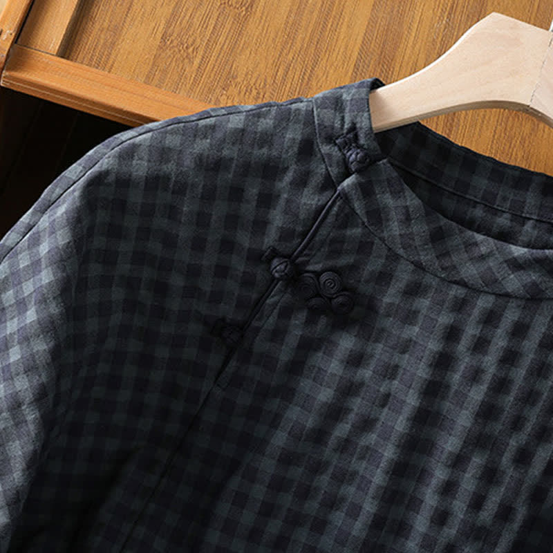 Buddha Stones Spring Summer Casual Tang Style Mandarin Collar Black Plaid Women's Elbow-Length Shirts - image 5
