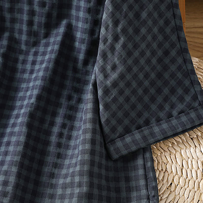 Buddha Stones Spring Summer Casual Tang Style Mandarin Collar Black Plaid Women's Elbow-Length Shirts - image 8