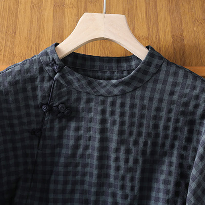 Buddha Stones Spring Summer Casual Tang Style Mandarin Collar Black Plaid Women's Elbow-Length Shirts - image 3