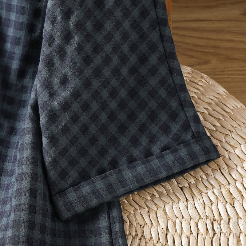 Buddha Stones Spring Summer Casual Tang Style Mandarin Collar Black Plaid Women's Three-Quarter Sleeve Shirts - image 9