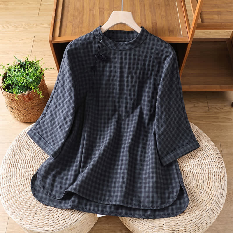 Buddha Stones Spring Summer Casual Tang Style Mandarin Collar Black Plaid Women's Three-Quarter Sleeve Shirts - DarkSlateGray - US8-10, UK/AU12-14, EU40-42 (2XL) - image 0