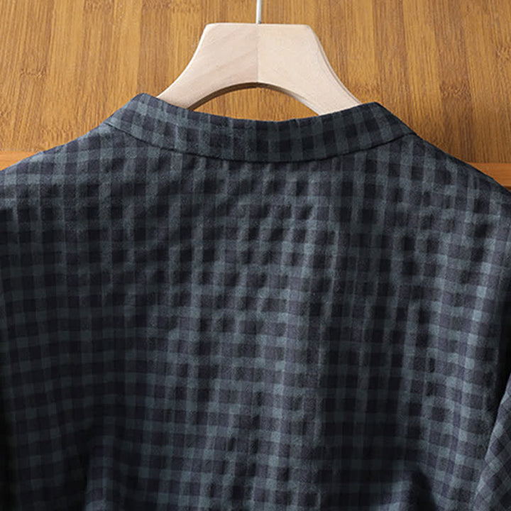 Buddha Stones Spring Summer Casual Tang Style Mandarin Collar Black Plaid Women's Three-Quarter Sleeve Shirts - image 4