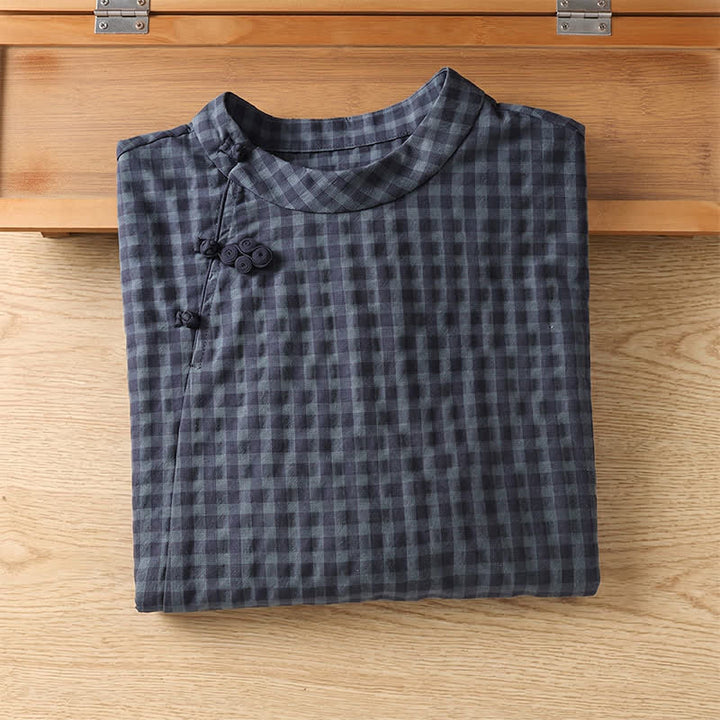 Buddha Stones Spring Summer Casual Tang Style Mandarin Collar Black Plaid Women's Three-Quarter Sleeve Shirts - image 2