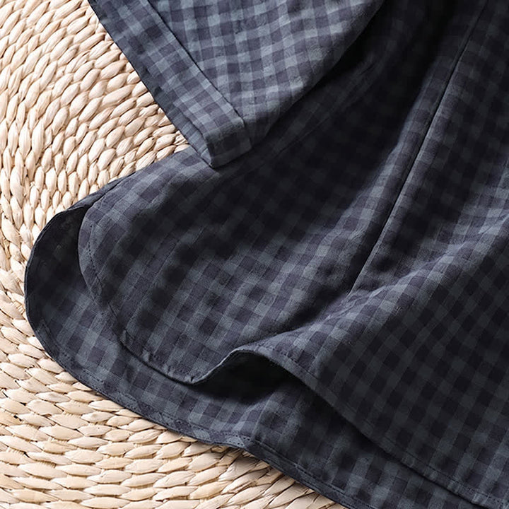 Buddha Stones Spring Summer Casual Tang Style Mandarin Collar Black Plaid Women's Elbow-Length Shirts - image 6