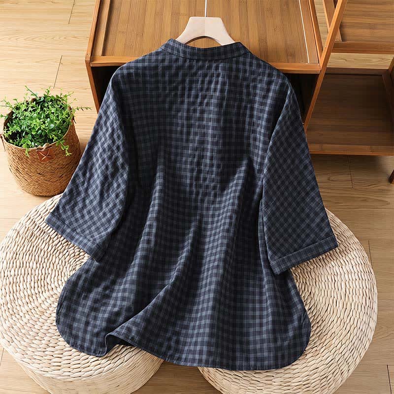 Buddha Stones Spring Summer Casual Tang Style Mandarin Collar Black Plaid Women's Three-Quarter Sleeve Shirts - image 1