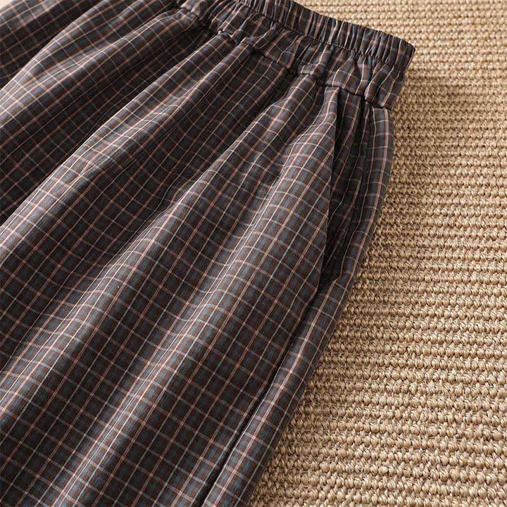Buddha Stones Spring Summer Casual Brown Plaid Cropped Pants Women's Wide Leg Pants With Pockets - image 7