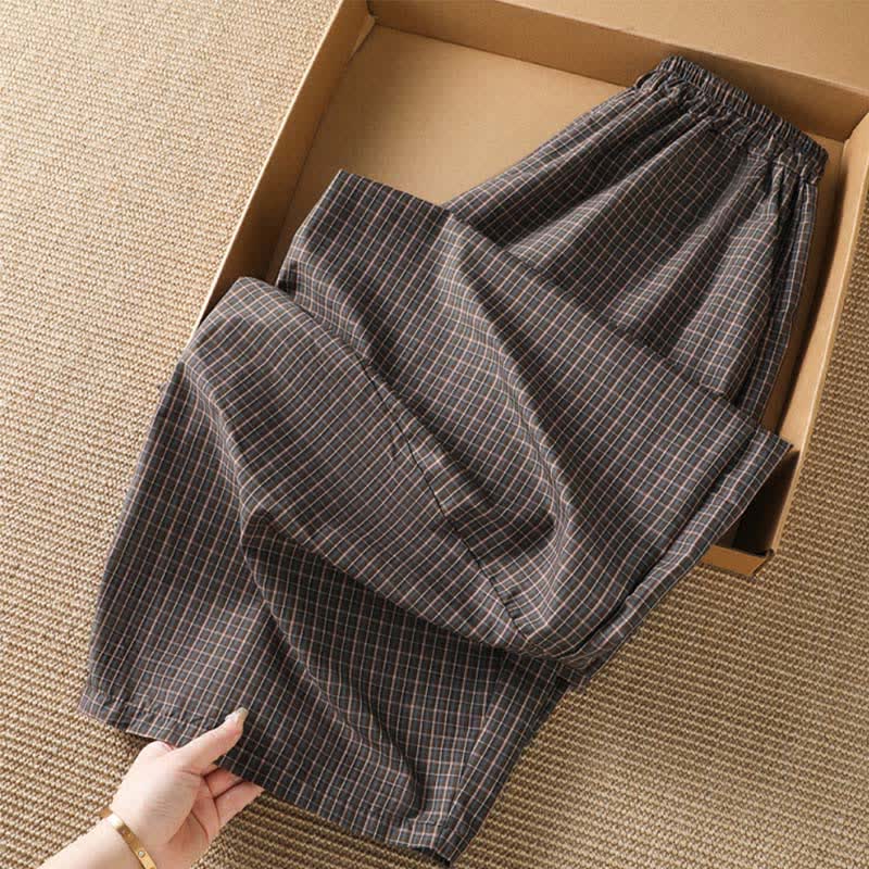 Buddha Stones Spring Summer Casual Brown Plaid Cropped Pants Women's Wide Leg Pants With Pockets - image 1
