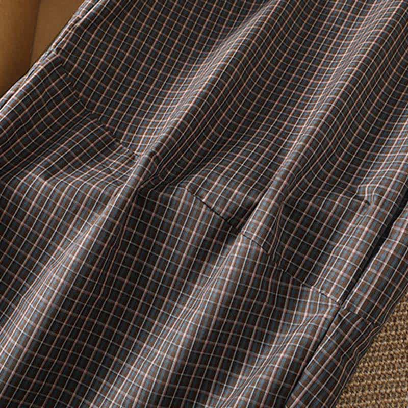 Buddha Stones Spring Summer Casual Brown Plaid Cropped Pants Women's Wide Leg Pants With Pockets - image 8
