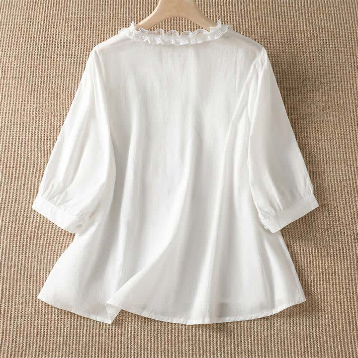 Buddha Stones Summer Casual Elegant Solid V-Neck Layered Ruffle Women's Three-Quarter Sleeve Shirts - image 25