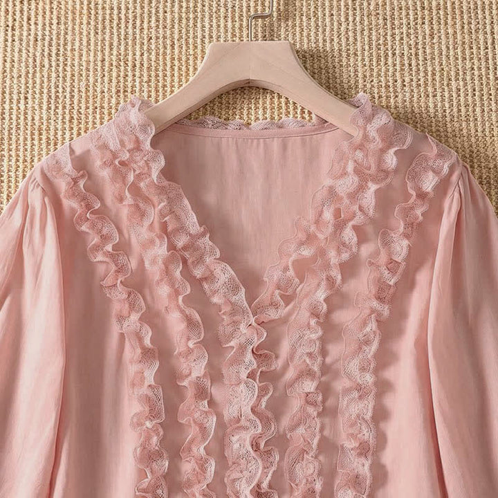 Buddha Stones Summer Casual Elegant Solid V-Neck Layered Ruffle Women's Three-Quarter Sleeve Shirts - image 3