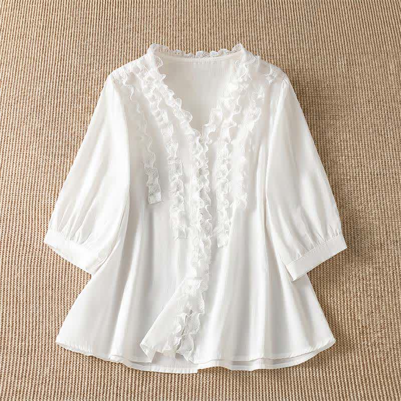 Buddha Stones Summer Casual Elegant Solid V-Neck Layered Ruffle Women's Three-Quarter Sleeve Shirts - White - US8-10, UK/AU12-14, EU40-42 (XL) - image 24