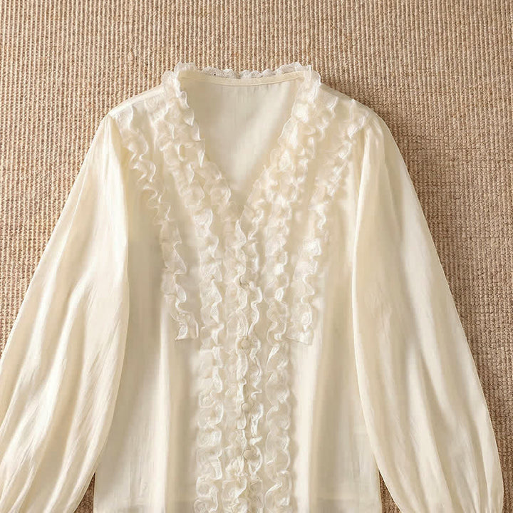 Buddha Stones Summer Casual Elegant Solid V-Neck Layered Ruffle Women's Three-Quarter Sleeve Shirts - image 19