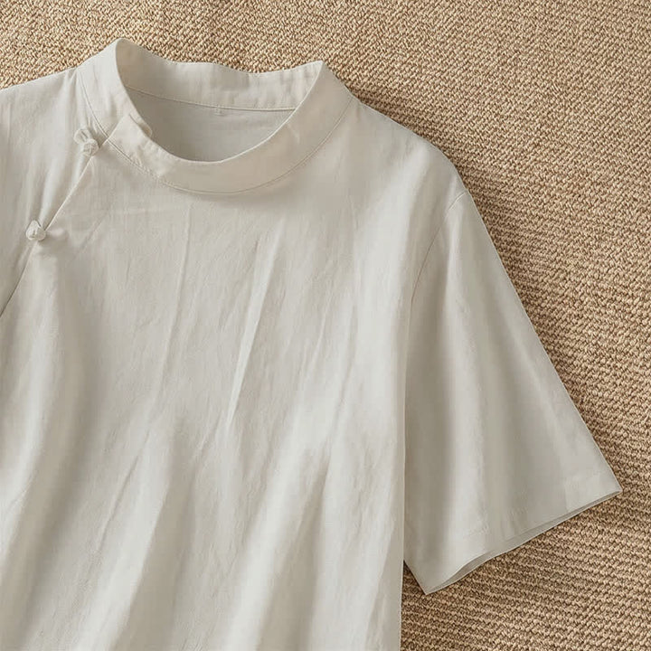 Buddha Stones Summer Casual Tang Style Frog Button Crew Neck Solid Women's Short Sleeve Shirts - image 8