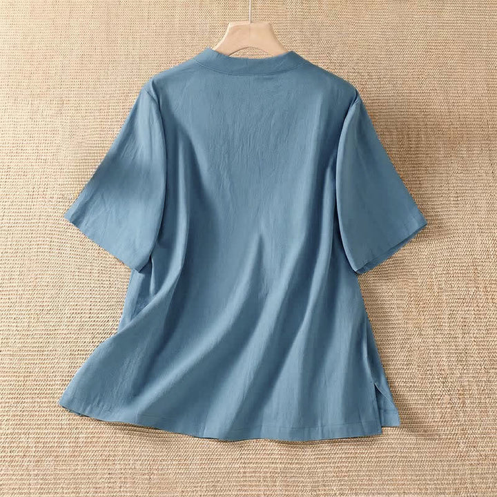 Buddha Stones Summer Casual Tang Style Frog Button Crew Neck Solid Women's Short Sleeve Shirts - image 1